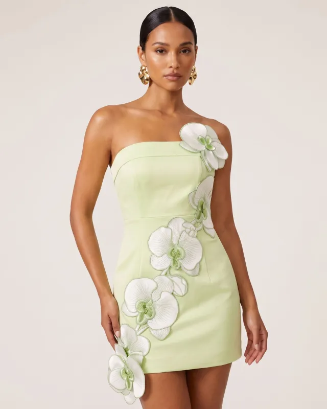 Orchid Embroidered Floral Appliqué Strapless Mini Dress - Pistachio Green made by JW PEI