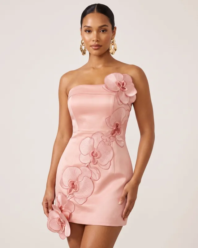 Orchid Embroidered Floral Appliqué Strapless Mini Dress - Pink made by JW PEI