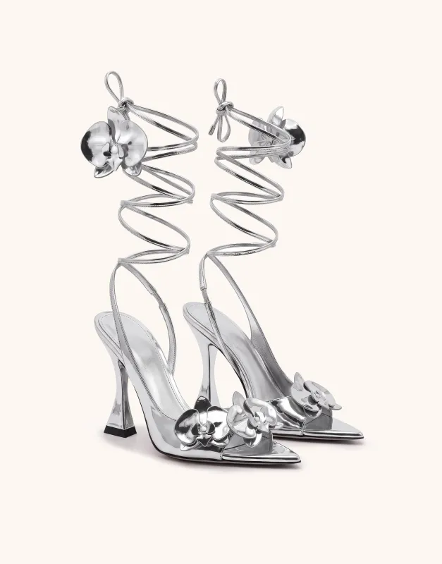 Rosalie Orchid Appliqué Lace-Up Heels - Silver made by JW PEI