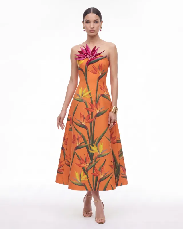 Bird of Paradise Appliqué Strapless A-Line Midi Dress - Orange made by JW PEI