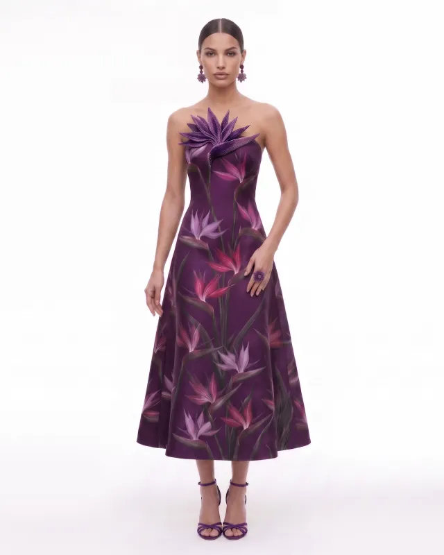 Bird of Paradise Appliqué Strapless A-Line Midi Dress - Dark Violet made by JW PEI