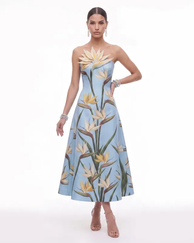 Bird of Paradise Appliqué Strapless A-Line Midi Dress - Light Blue made by JW PEI