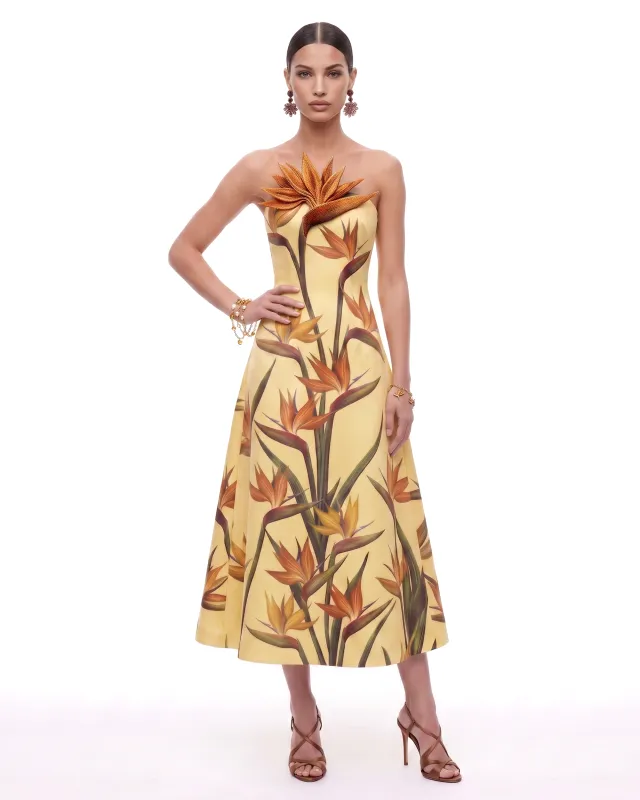 Bird of Paradise Appliqué Strapless A-Line Midi Dress - Light Yellow made by JW PEI