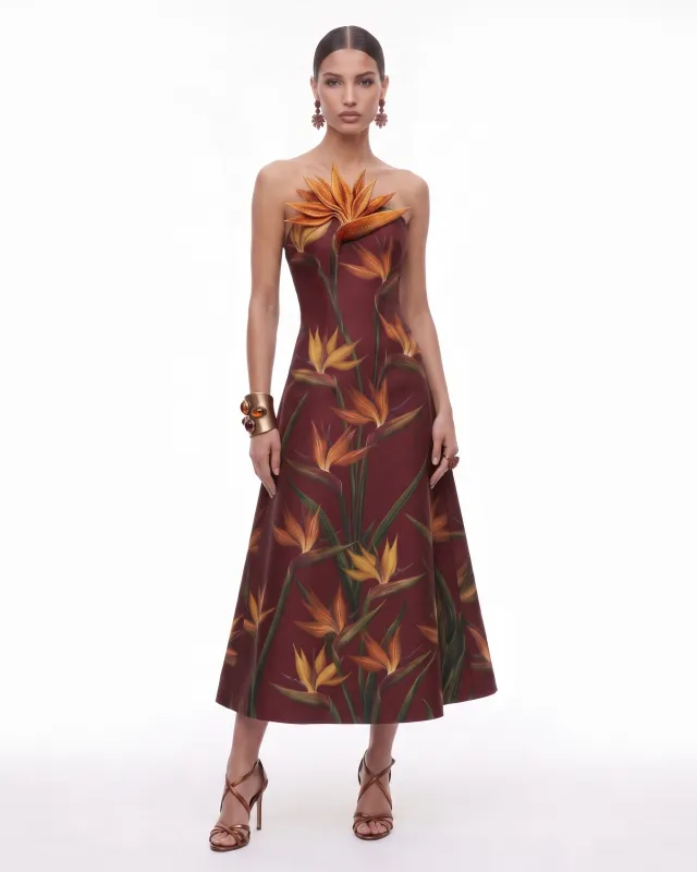 Bird of Paradise Appliqué Strapless A-Line Midi Dress - Burgundy made by JW PEI
