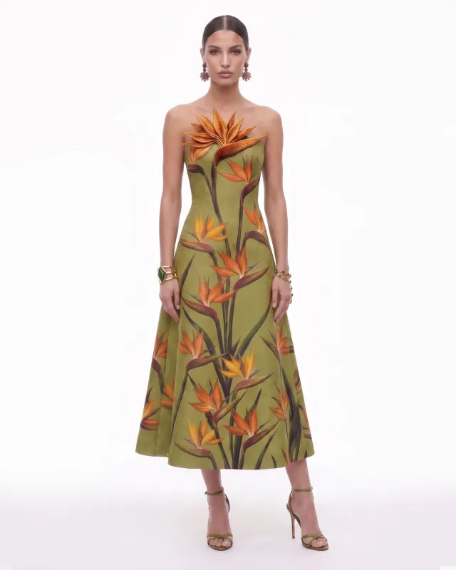 Bird of Paradise Appliqué Strapless A-Line Midi Dress - Olive Green made by JW PEI