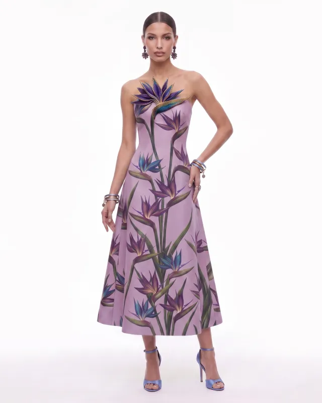 Bird of Paradise Appliqué Strapless A-Line Midi Dress - Purple made by JW PEI