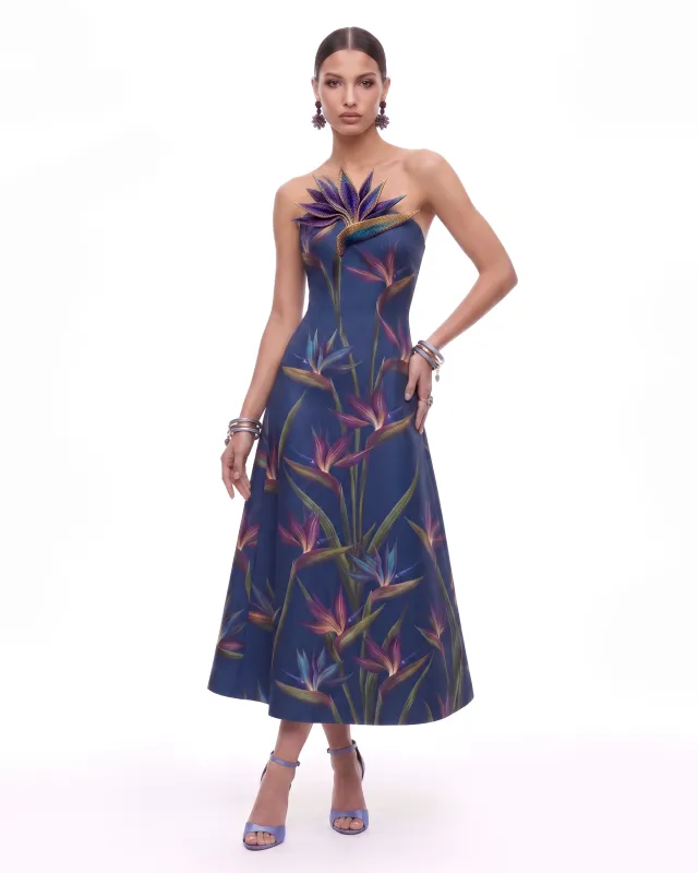 Bird of Paradise Appliqué Strapless A-Line Midi Dress - Navy made by JW PEI