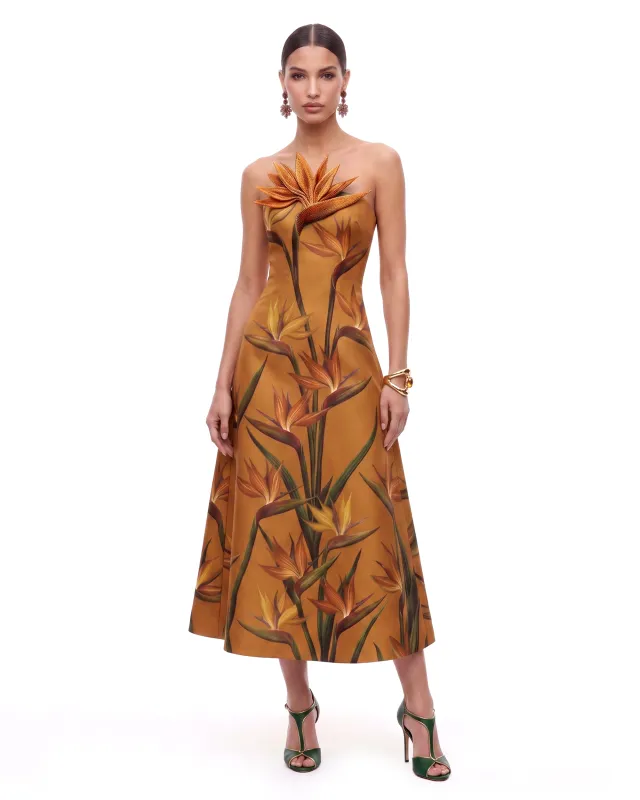 Bird of Paradise Appliqué Strapless A-Line Midi Dress - Yellow Ochre made by JW PEI