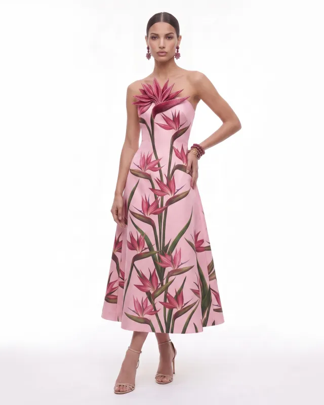Bird of Paradise Appliqué Strapless A-Line Midi Dress - Pink made by JW PEI