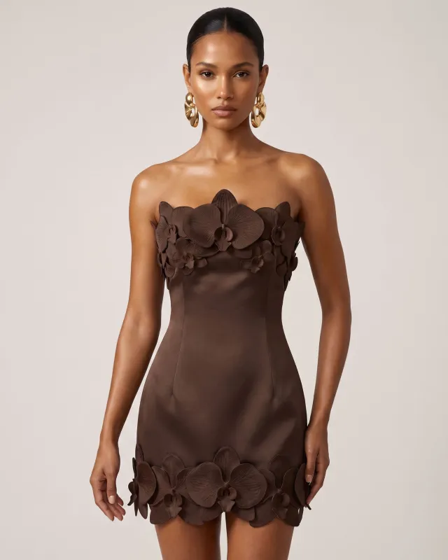 Orchid Trim Strapless Mini Dress - Brown made by JW PEI