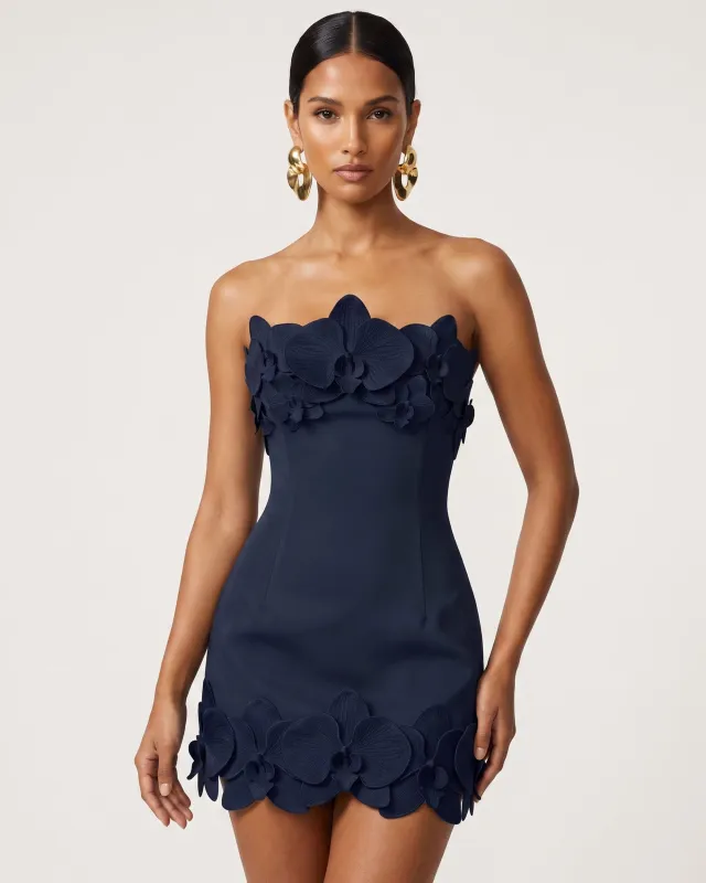 Orchid Trim Strapless Mini Dress - Dark Blue made by JW PEI