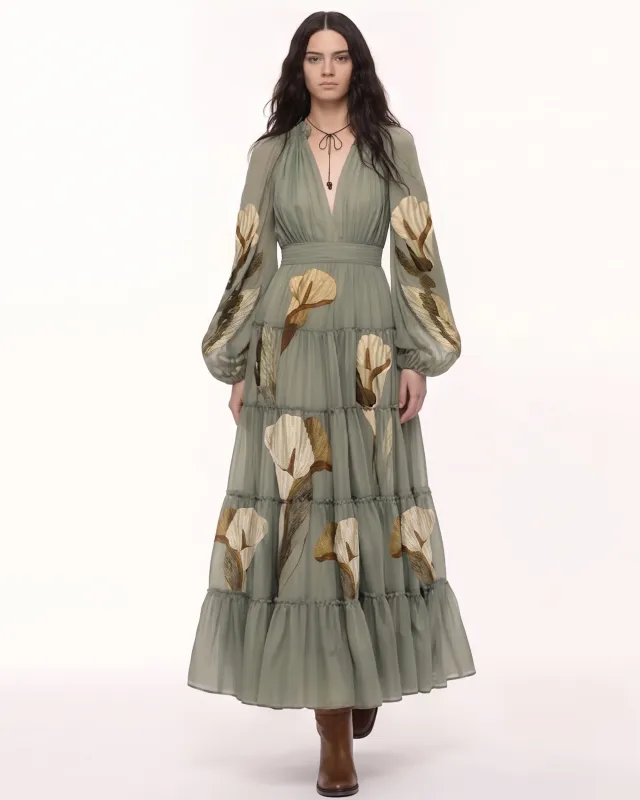 Calla Lily Tiered Long-Sleeve Maxi Dress - Sage Green made by JW PEI