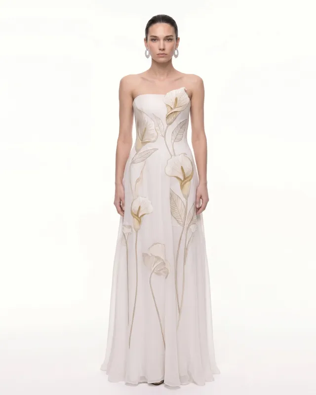 3D Embroidered Calla Lily Strapless A-Line Maxi Dress - Ivory made by JW PEI