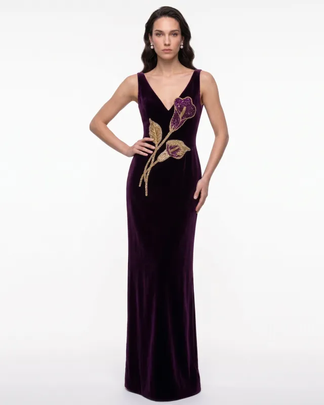 Calla Lily Embellished Velvet Column Maxi Dress - Purple made by JW PEI