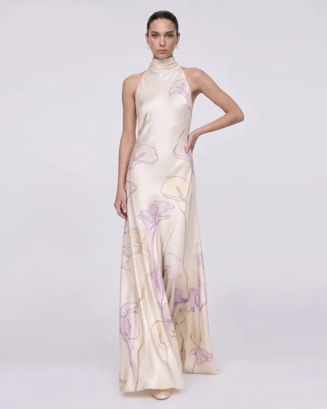 Calla Lily Print High-Neck Satin Maxi Dress - Ivory made by JW PEI