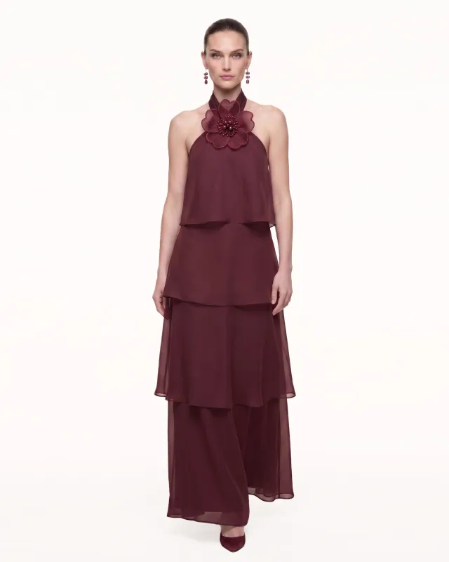 3D Floral Halter Tiered Maxi Dress - Burgundy made by JW PEI