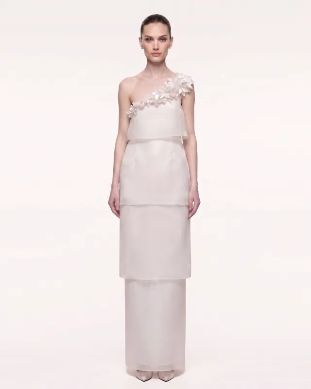 3D Floral One-Shoulder Tiered Maxi Dress - Ivory made by JW PEI
