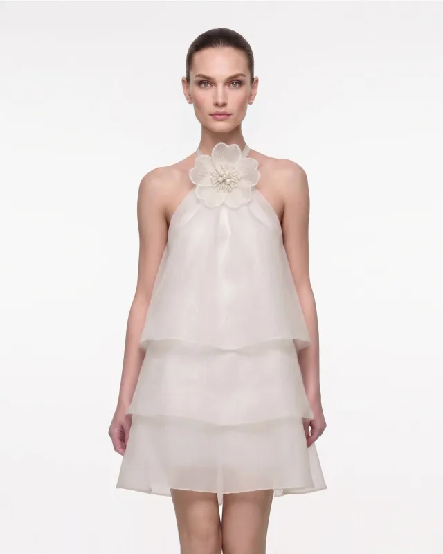 3D Floral Halter Tiered Mini Dress - Ivory made by JW PEI