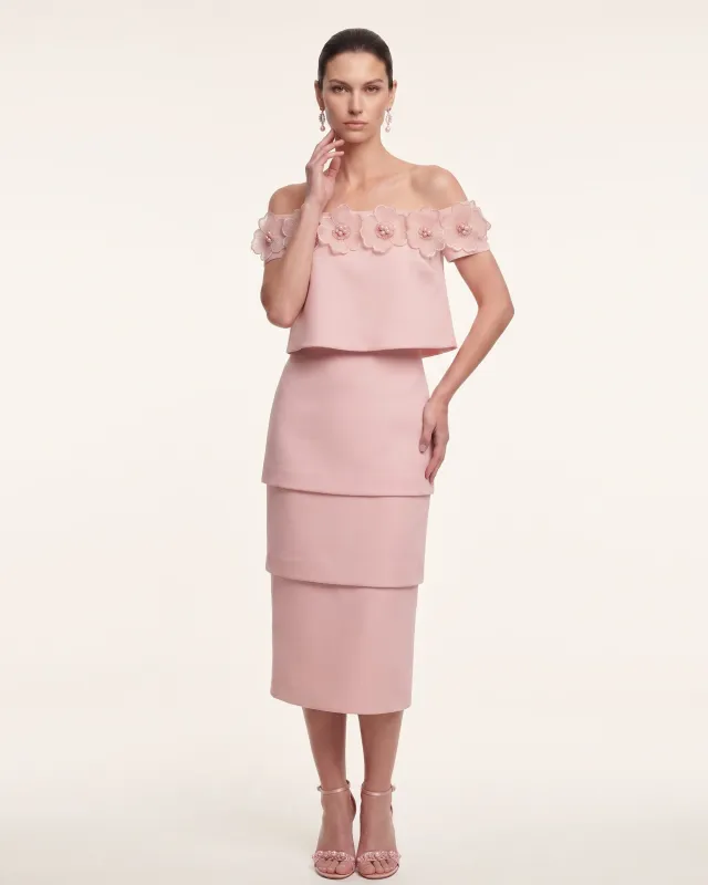 3D Floral Off-Shoulder Tiered Midi Dress - Blush Pink made by JW PEI