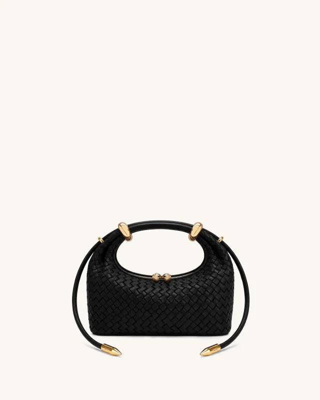 Ellie Woven Metal Ring Embellished Top Handle Bag - Dark Black made by JW PEI