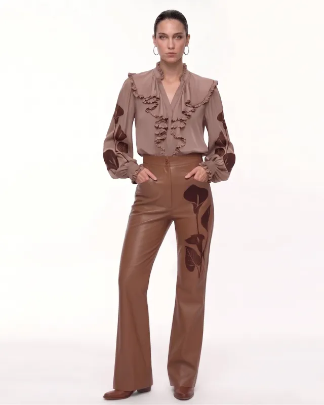 Calla Lily Heat Transfer Leather Pants - Brown made by JW PEI