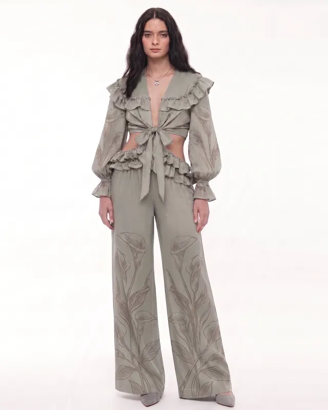 Calla Lily Ruffle Tie-Front Crop Blouse - Sage Green made by JW PEI