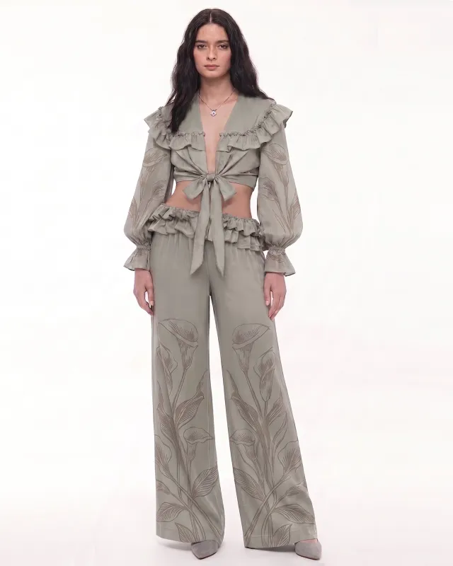 Calla Lily Ruffle Tie-Front Wide-Leg Pants - Sage Green made by JW PEI