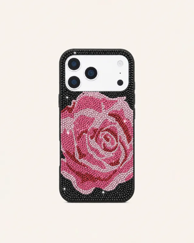 Pink Rose Rhinestone Phone Case – Black made by JW PEI