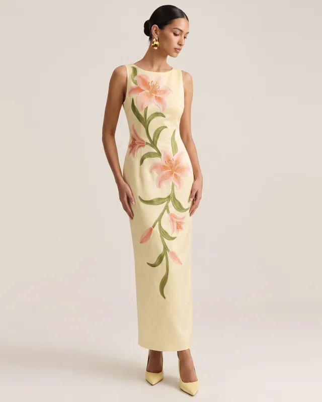Lily Floral Print Sleeveless Column Maxi Dress - Light Yellow made by JW PEI