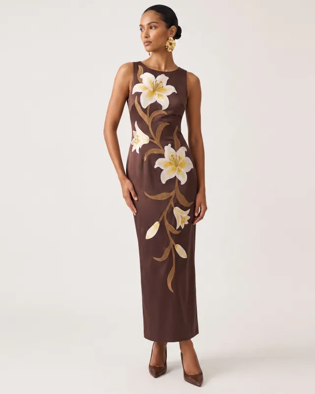 Lily Floral Print Sleeveless Column Maxi Dress - Brown made by JW PEI