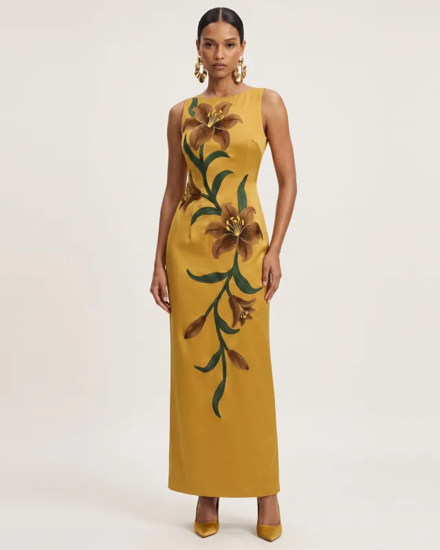 Lily Floral Print Sleeveless Column Maxi Dress - Mustard Yellow made by JW PEI