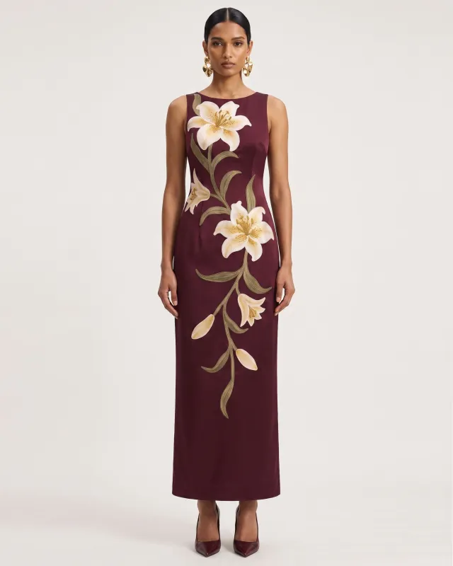 Lily Floral Print Sleeveless Column Maxi Dress - Burgundy made by JW PEI