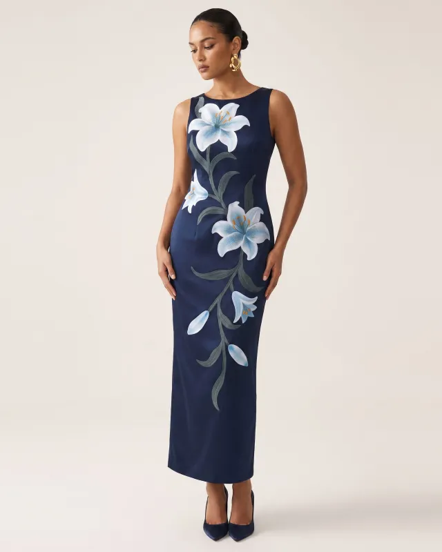Lily Floral Print Sleeveless Column Maxi Dress - Dark Blue made by JW PEI