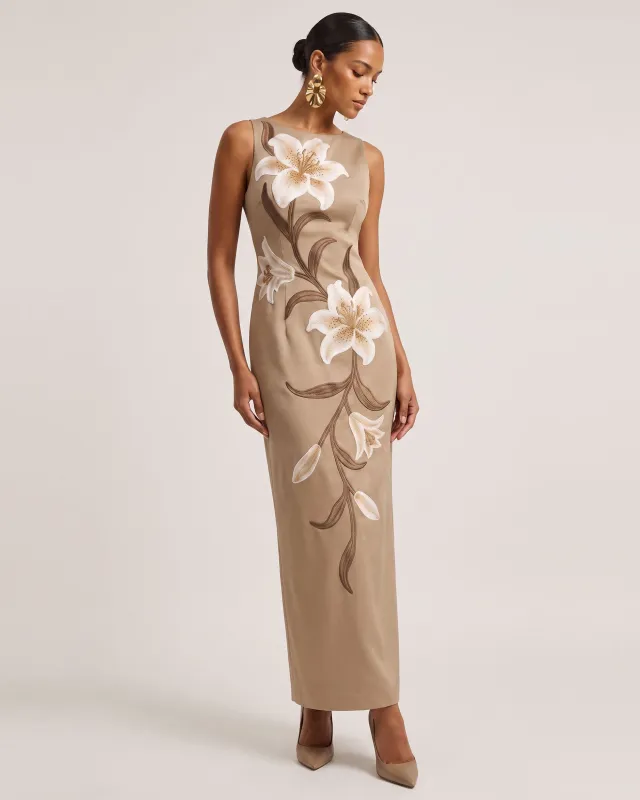 Lily Floral Print Sleeveless Column Maxi Dress - Mocha Brown made by JW PEI