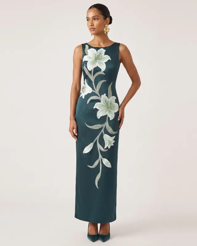 Lily Floral Print Sleeveless Column Maxi Dress - Dark Green made by JW PEI