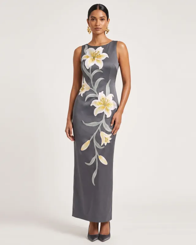 Lily Floral Print Sleeveless Column Maxi Dress - Grey made by JW PEI