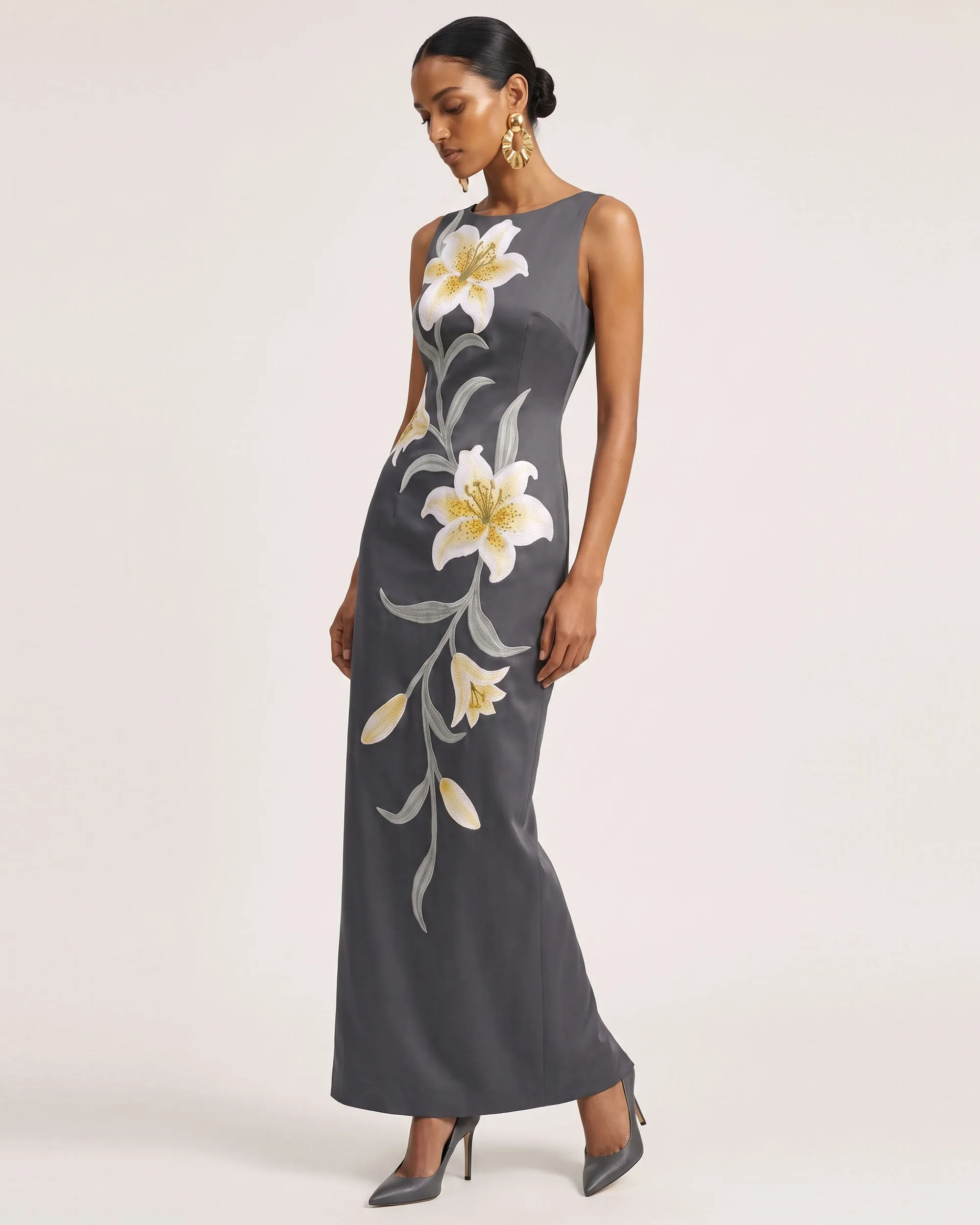 Lily Floral Print Sleeveless Column Maxi Dress - Grey sold by JW PEI product image thumbnail 2
