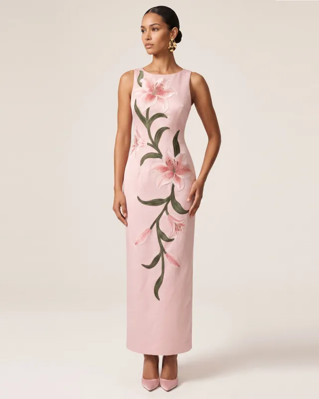 Lily Floral Print Sleeveless Column Maxi Dress - Light Pink made by JW PEI
