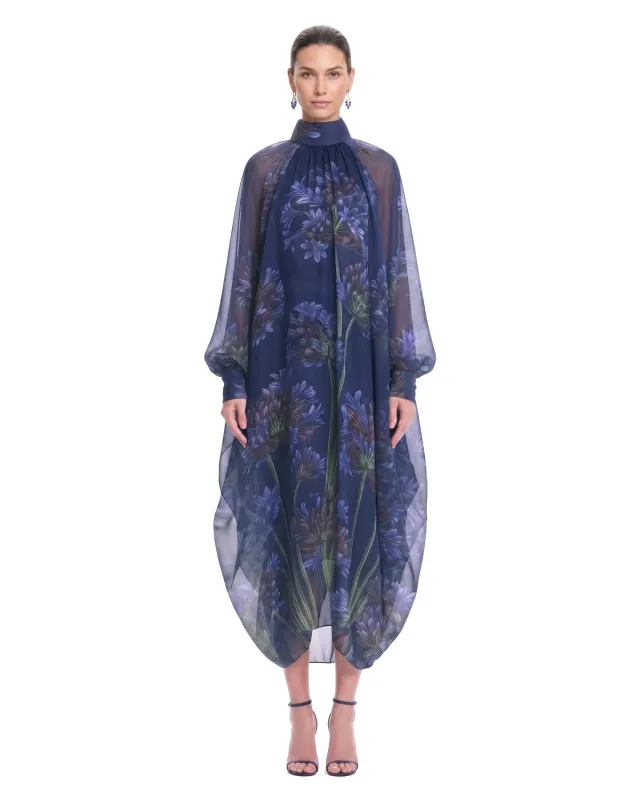 Floral Print Sheer Balloon-Sleeve Maxi Dress - Navy made by JW PEI