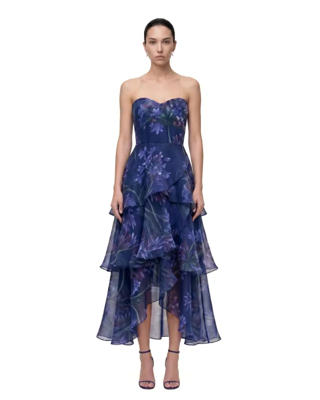 Floral Print Strapless Tiered Ruffle Maxi Dress - Navy made by JW PEI