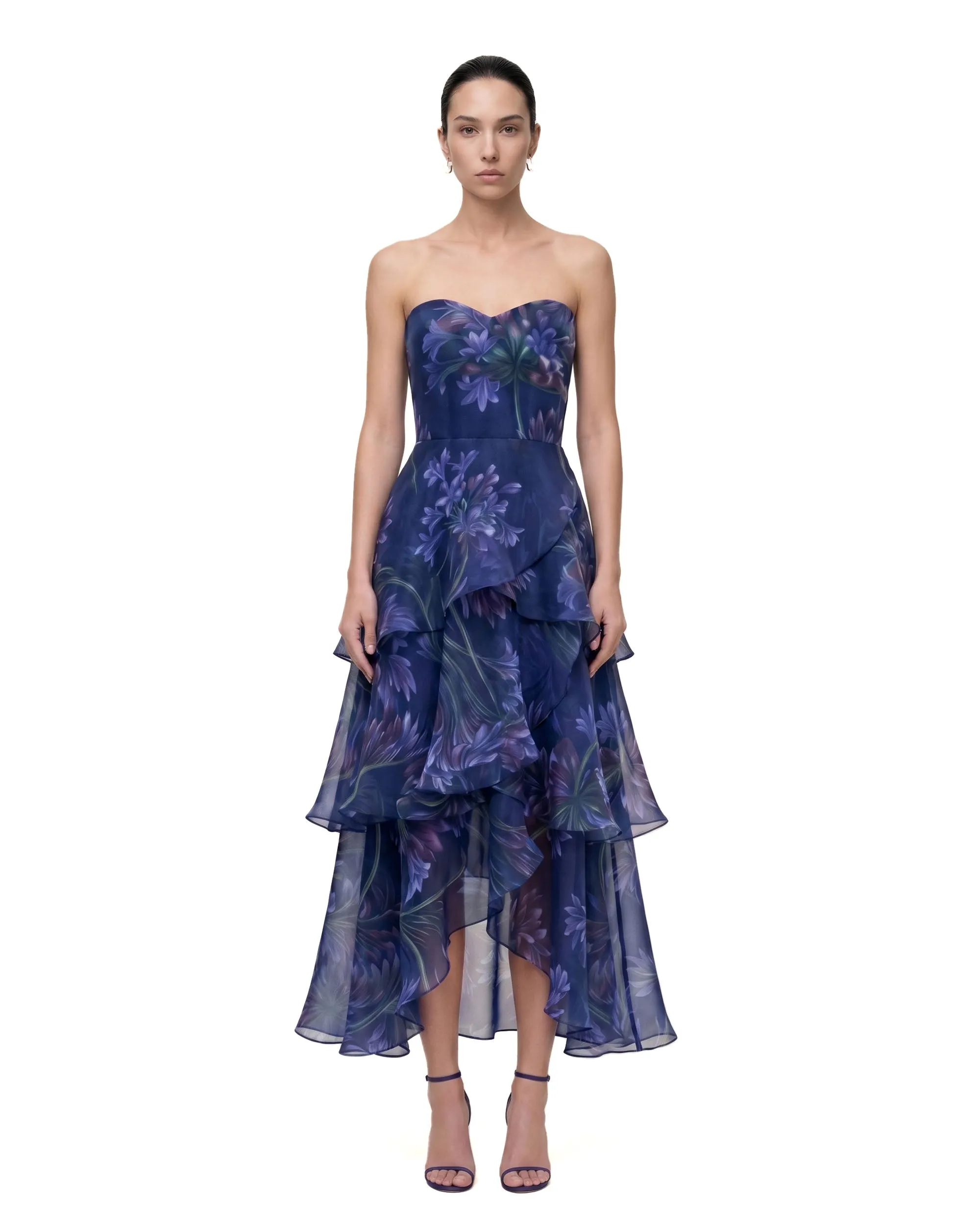 Floral Print Strapless Tiered Ruffle Maxi Dress - Navy sold by JW PEI