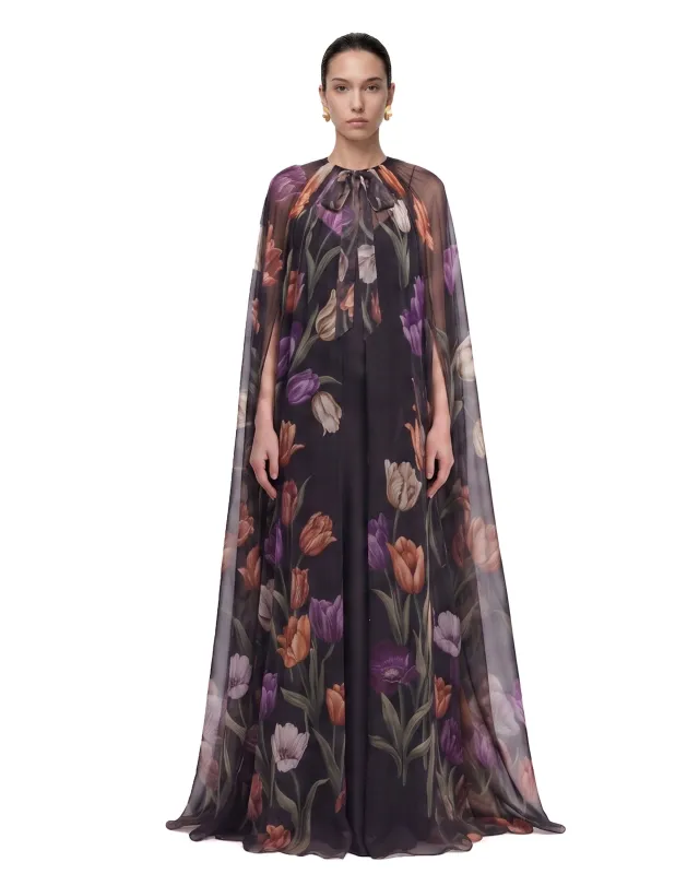 Tulip Floral Cape Maxi Dress - Black made by JW PEI