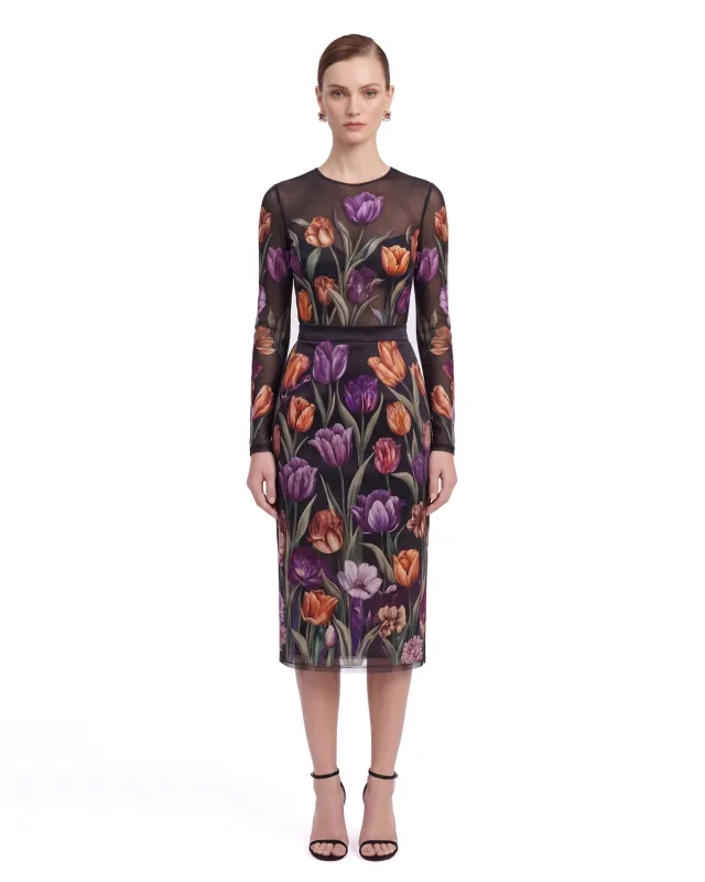 Tulip Print High-Waisted Midi Skirt - Black made by JW PEI