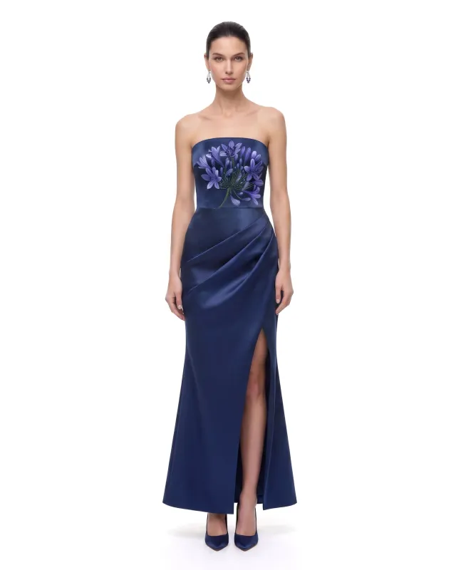 Floral Print Beaded Strapless Draped Slit Maxi Dress - Navy made by JW PEI