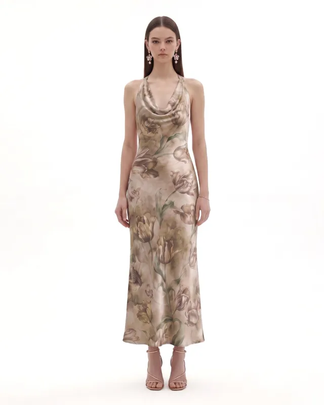 Floral Print Cowl-Neck Satin Maxi Dress - Beige made by JW PEI
