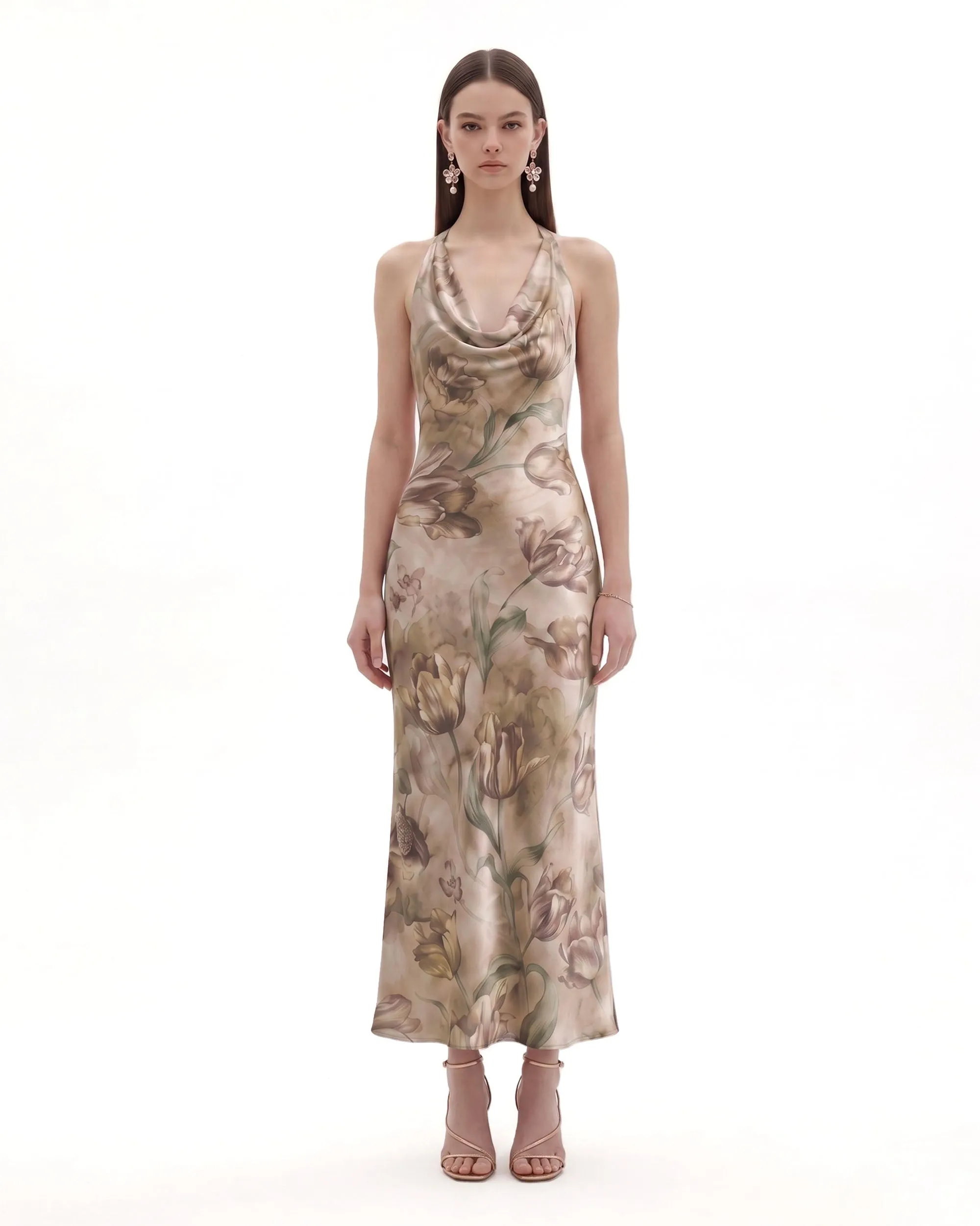 Floral Print Cowl-Neck Satin Maxi Dress - Beige sold by JW PEI