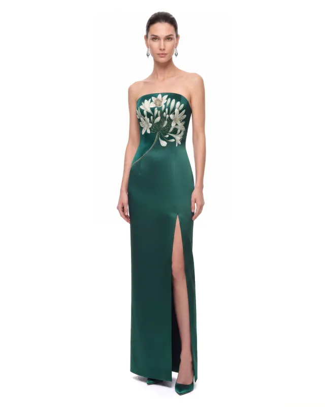 Floral Print Bead-Embellished Strapless Slit Maxi Dress - Emerald Green made by JW PEI