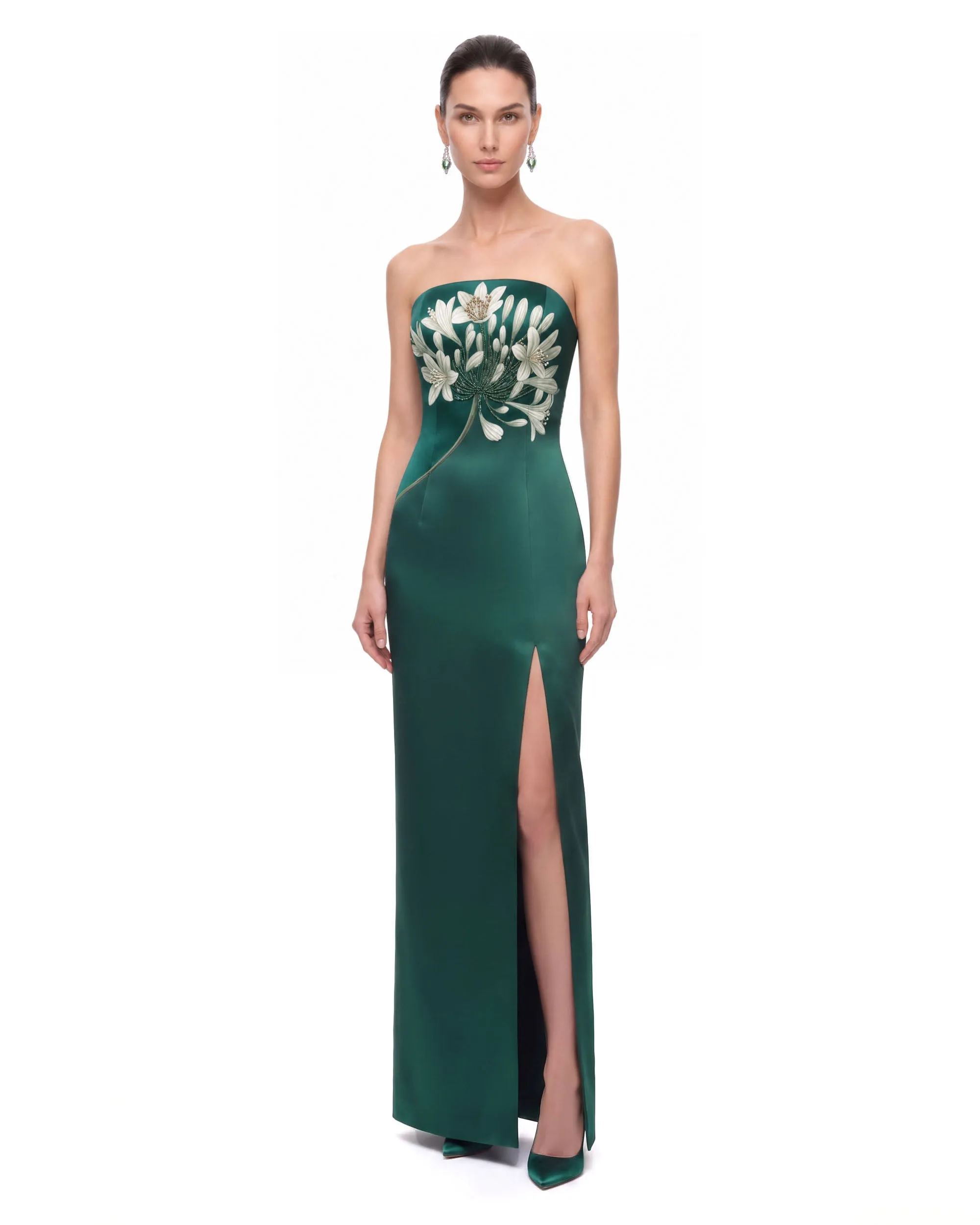 Floral Print Bead-Embellished Strapless Slit Maxi Dress - Emerald Green sold by JW PEI