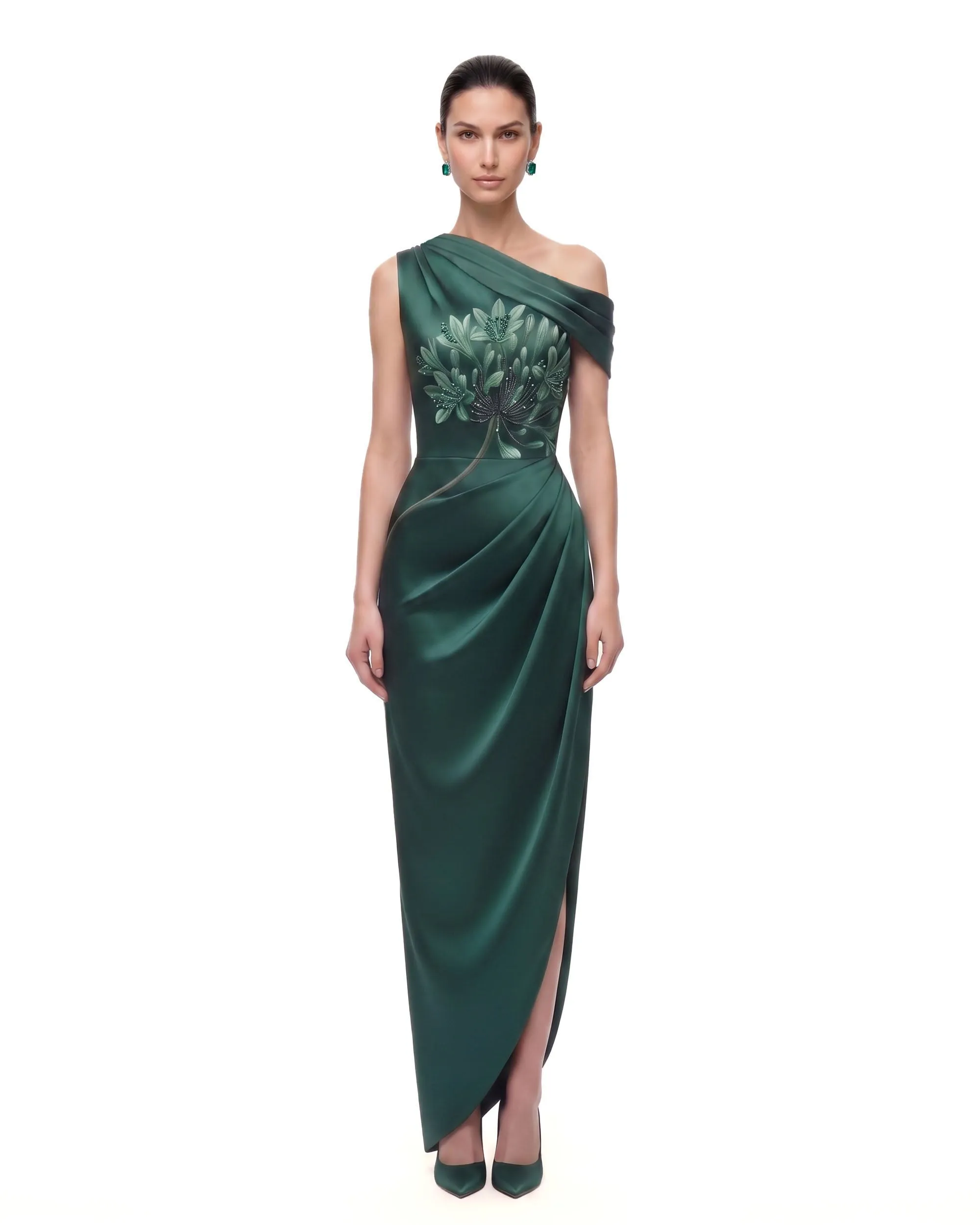 Floral One-Shoulder Draped Slit Maxi Dress - Emerald Green sold by JW PEI