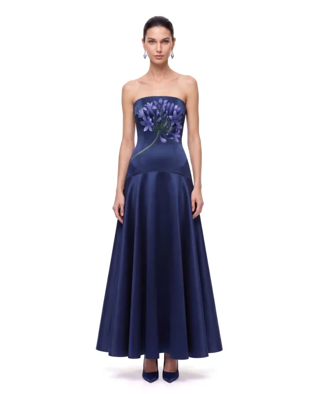 Floral Print Beaded Strapless Drop-Waist Maxi Dress - Navy made by JW PEI